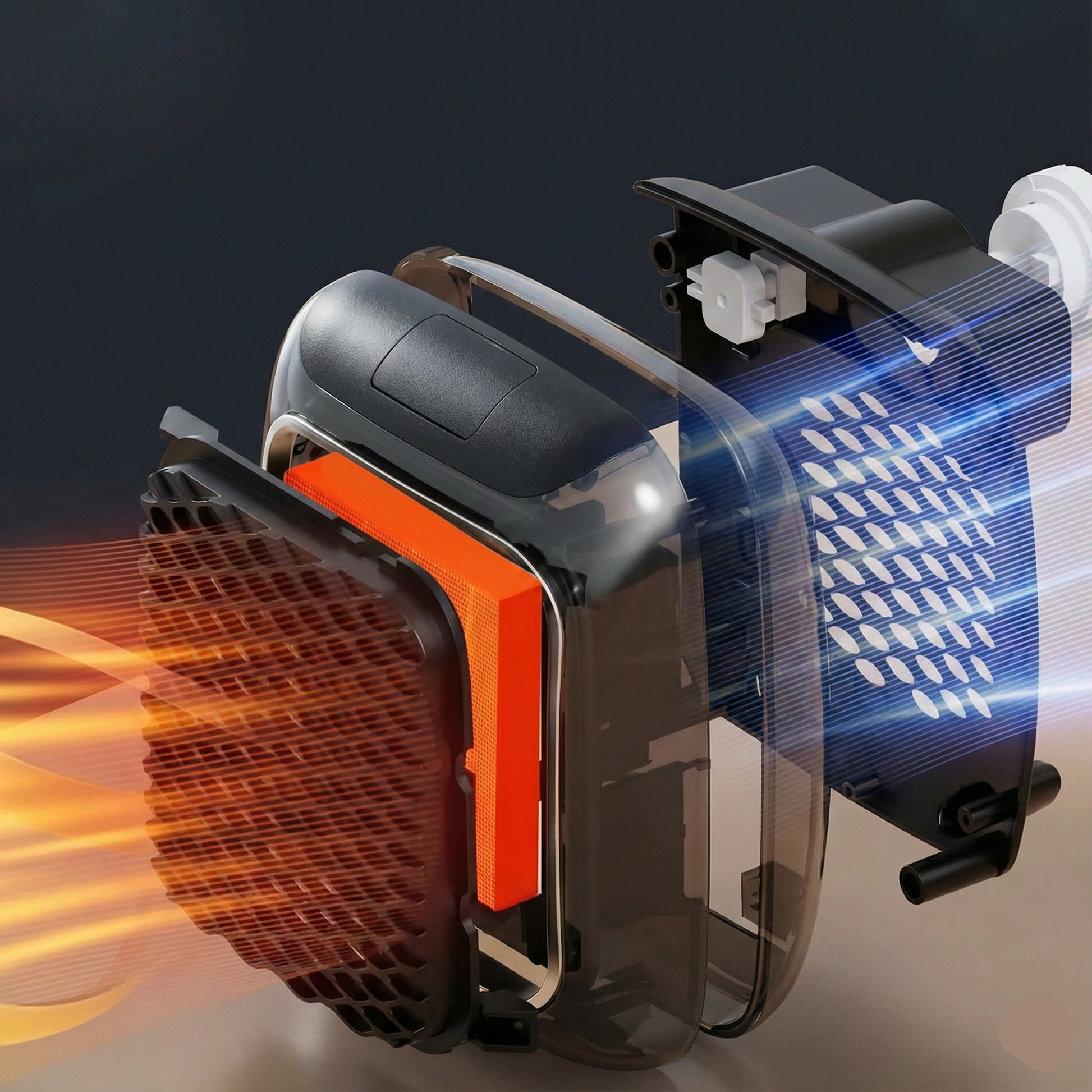 Cross-sectional view of a device with heat and cooling elements on a dark background