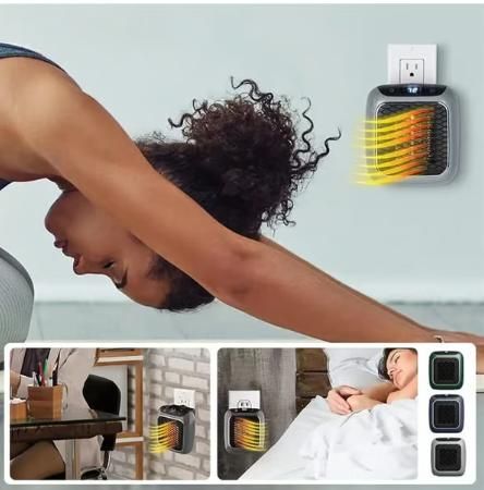 Wall-mounted space heater with a woman using it and additional usage scenarios.