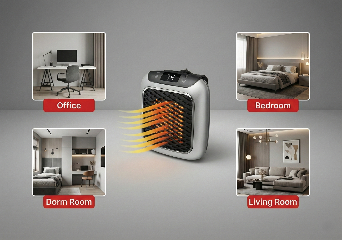 Portable heater with heat rays extending to different rooms labeled Office, Bedroom, Dorm Room, and Living Room.